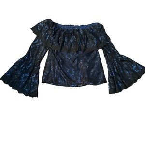 Gorgeous black and navy off the shoulder lace blouse, WHBM, size 0